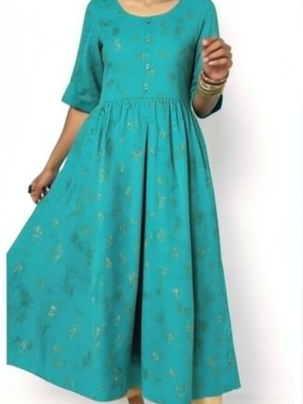 Avaasa Green Gold Leaf Print Oversized Lagenlook Rayon Dress Boho Chic Size L